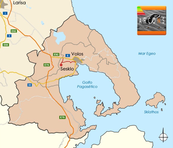 Localización y acceso a Sesklo. Mapa realizado por ARCONS - Services of Architecture, Construction and Design.